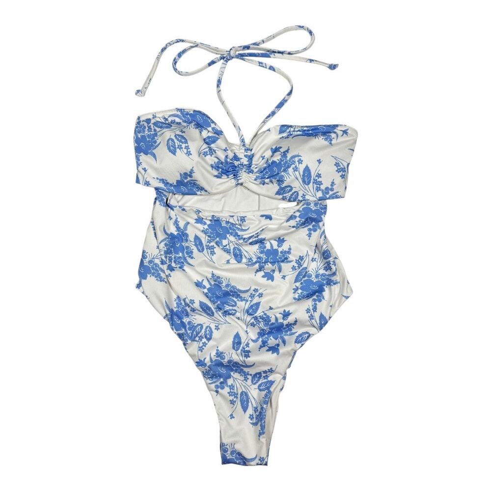 LoveShackFancy Baylor One Piece Swimsuit Medium Blue White Floral Bandeau - Picture 3 of 9